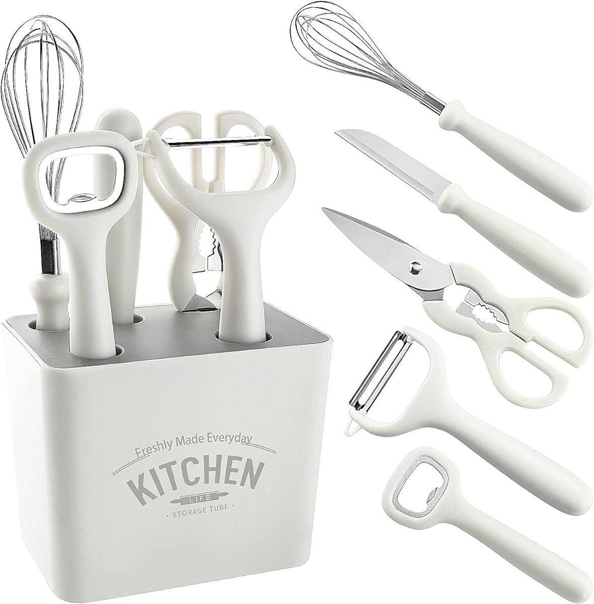 Set di utensili da cucina, forbici da cucina, pelapatate, pelaverdure, frusta, sbattiuova, coltello da cucina apribottiglie utensili da cucina con base 5 pezzi