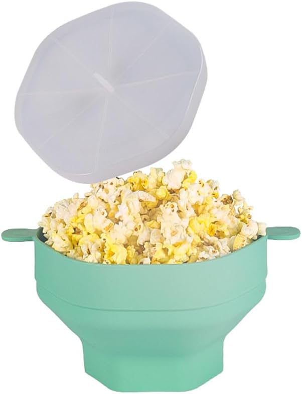 Ciotola pieghevole per popcorn in silicone con coperchio e manici per microonde